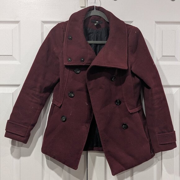 H&M Double breasted boutons Pea coat in burgungy, size 6 - Picture 2 of 3
